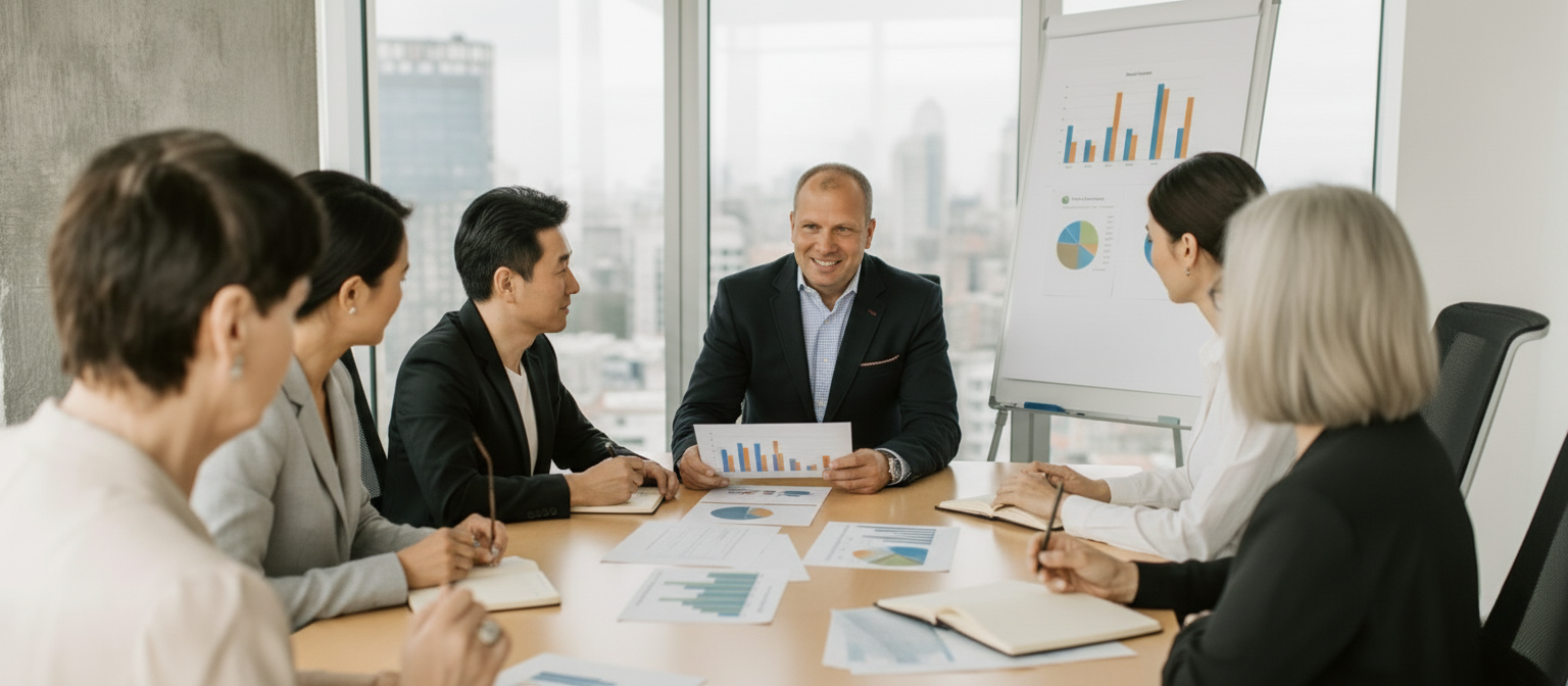 A business meeting in a modern office with large windows overlooking a cityscape. Six people sit around a conference table discussing printed charts and graphs. The person at the head of the table, dressed in a dark suit, holds a paper with bar charts and appears to lead the presentation. A flip chart in the background displays a bar chart and a pie chart, suggesting a focus on data analysis, performance review, or strategic planning.