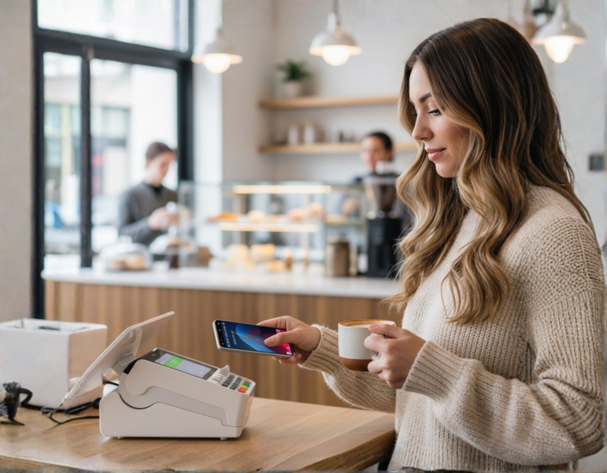 A person paying contactlessly with their smartphone at a cafe counter while holding a cup of coffee.