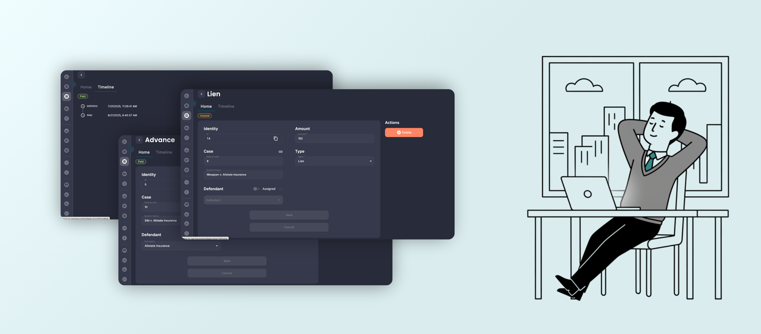 Three overlapping app windows labeled Timeline, Advance, and Lien show case data; a person relaxes at their laptop.